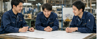 図面を囲んで打ち合わせする社員