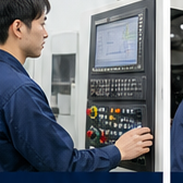 装置の操作盤を確認する社員